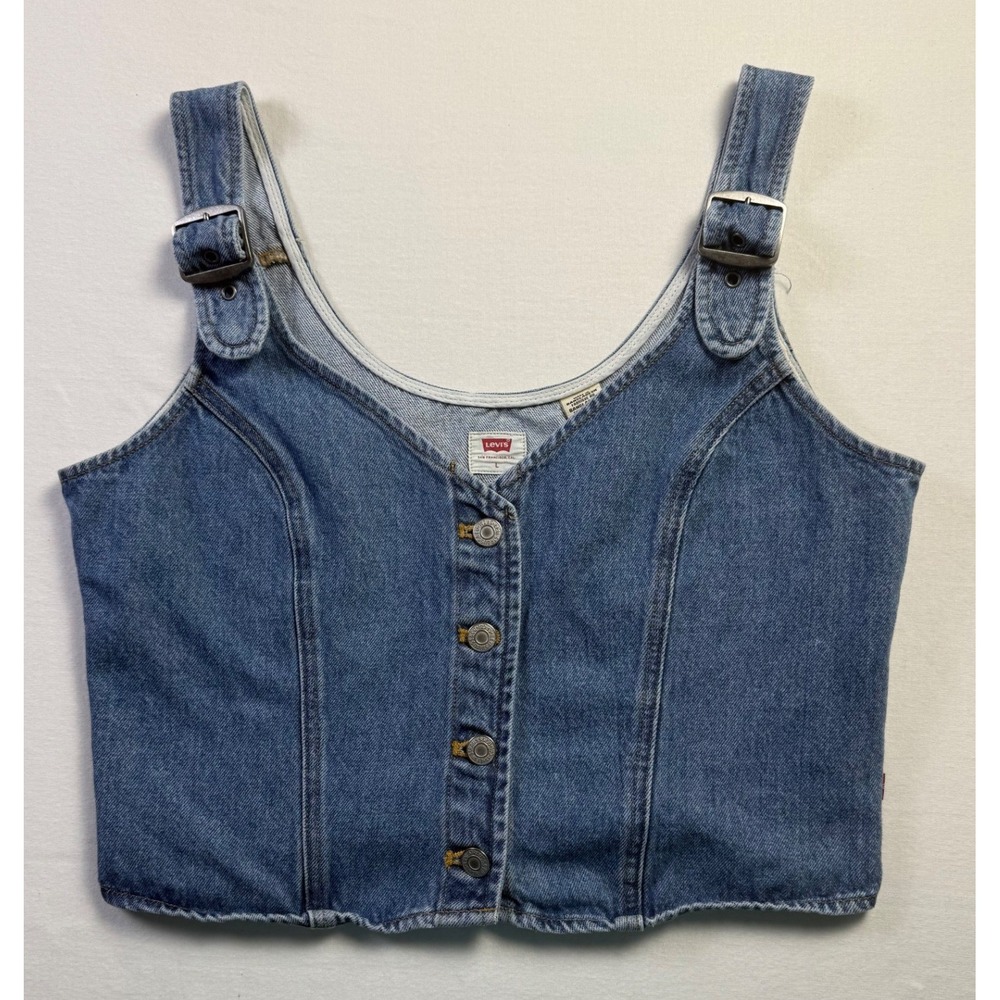 Levis Denim Corset Tank Top Medium Wash Button Adjustable Straps Large-2649